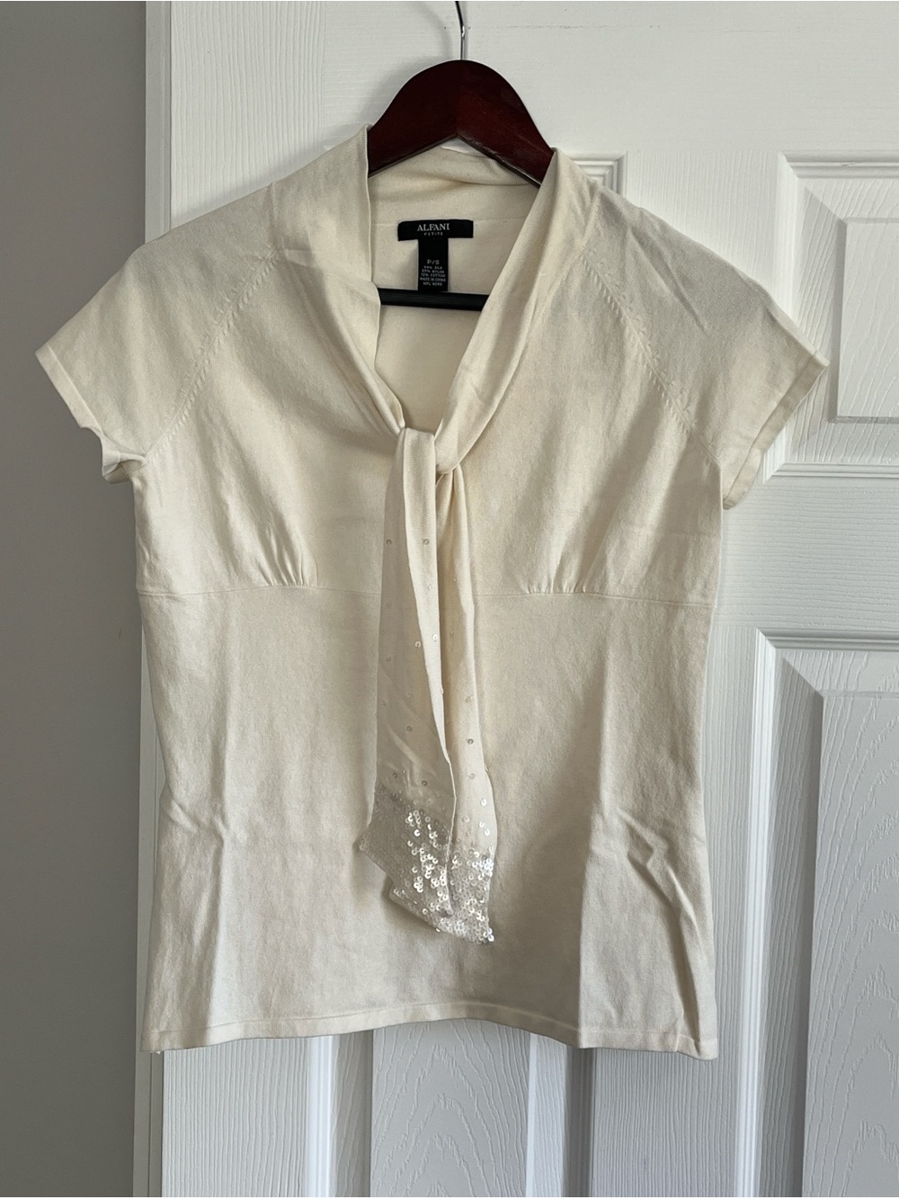 Alfani Y2K Women's Cream silk Tie-Neck Short Sleeve Top